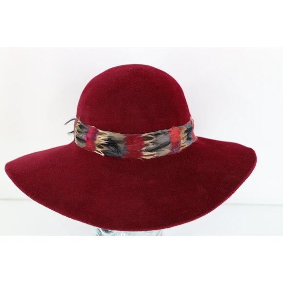 Vtg 50s Rockabilly Feather Band Wide Brim Felt Wool Velour Hat Red Womens 23